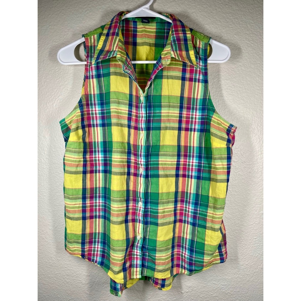 American Living Womens Sleeveless Plaid Button Down Shirt Yellow Green Large